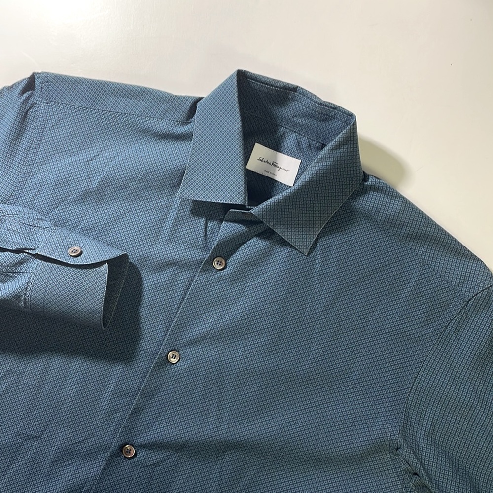 Salvatore Ferragamo mens S Small dark blue geo print button up casual shirt EUC